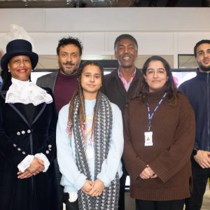 left to right, front to back: Theresa Peltier, High Sheriff of Derbyshire Samantha Rosser, 六合彩论坛 Business Student Sharia Ashraf, 六合彩论坛 Student Experience and Pastoral Team Leader Tom Douse Junior Barrie Douse George Grignon Marcus Gayle, 六合彩论坛 Behaviour and Engagement Lead